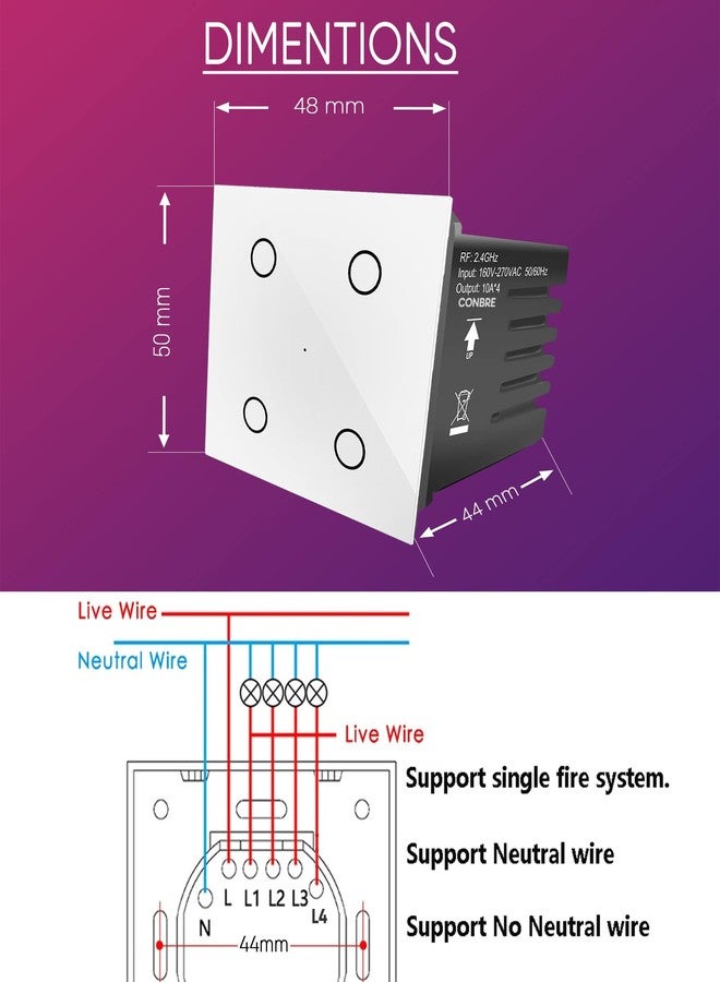 Conbre مفتاح CONBRE SW4 الذكي بتقنية Wi-Fi، رباعي الأزرار، يعمل باللمس، لأتمتة المنزل، ومراقبة استهلاك الطاقة، والتحكم عن بُعد | مناسب للمراوح، والإضاءة، ومقابس 10 أمبير | متوافق مع Alexa، ومساعد جوجل، وSiri (أبيض) - Image 3